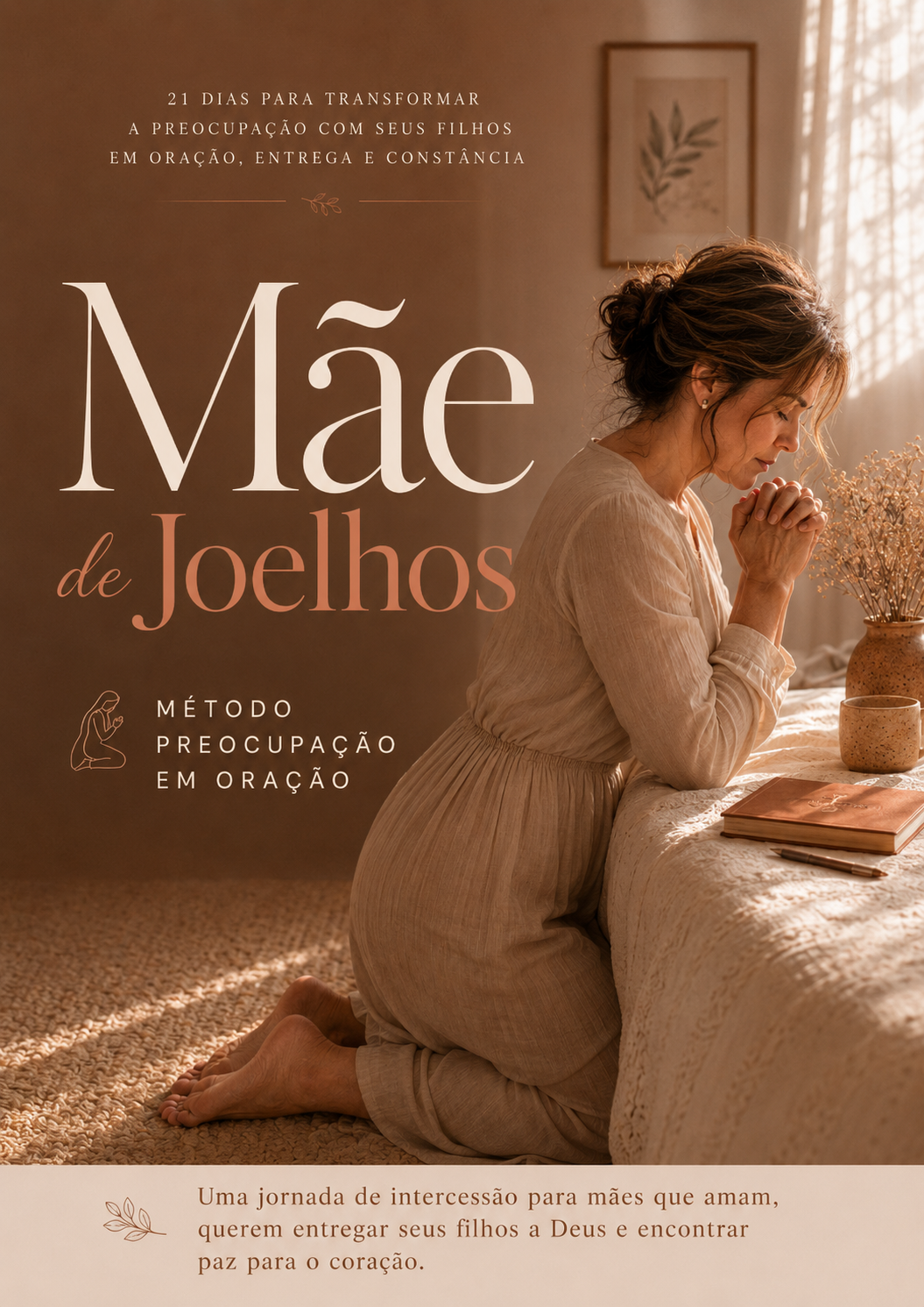 Capa do ebook Mãe de Joelhos, com uma mãe em oração junto à janela.