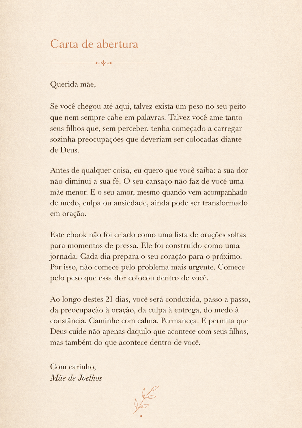 Página de abertura da jornada Mãe de Joelhos, com uma carta acolhedora para a mãe que carrega preocupação pelos filhos.
